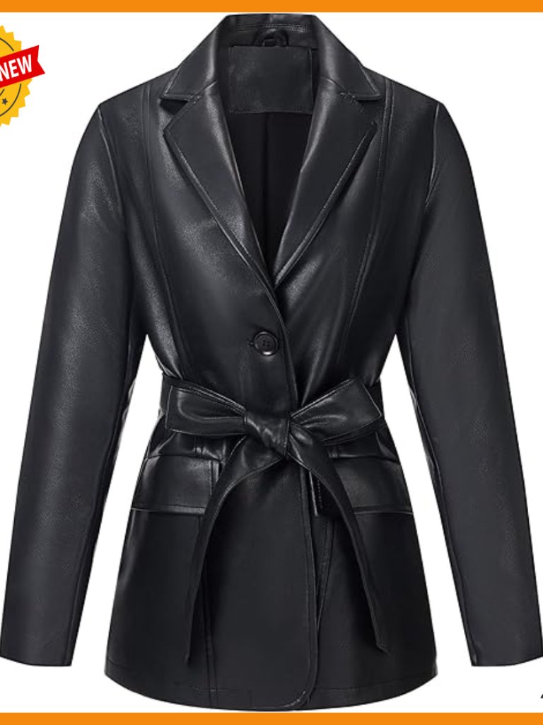 Faux Leather Blazer Jacket With Detachable Belt, Long Sleeve, Button Front